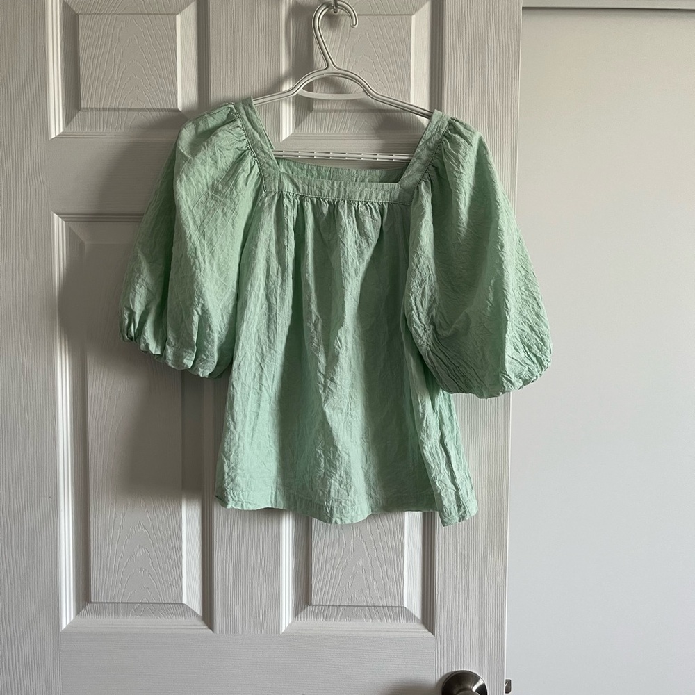 A New Day. Square neck XS-S puff sleeve cotton mint Green peasant Blouse